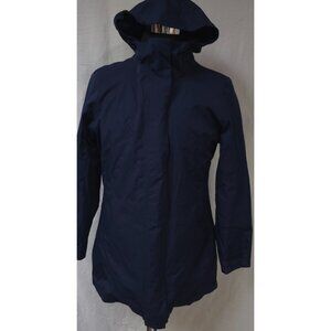 Swiss Tech Womens Medium (8-10) Blue Zip Snap Hooded Lined Rain Wind Long Jacket